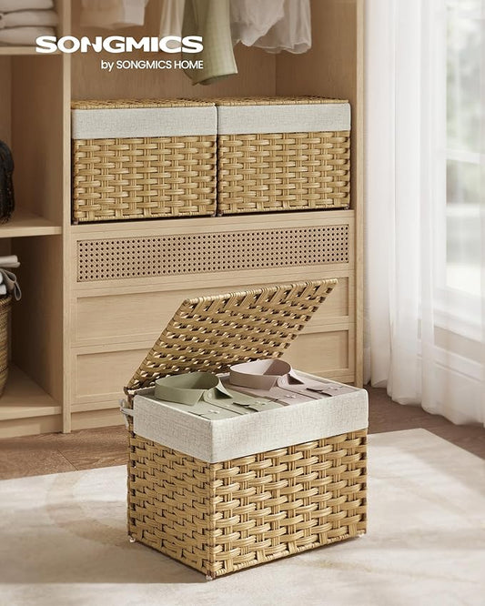 SONGMICS Storage Basket with Lid, Woven Blanket Storage Bin with Handles, Foldable, Removable Liner, Metal Frame, for Bedroom, Laundry Room, 9.2 Gallons (35 L), Natural URST040YE01
