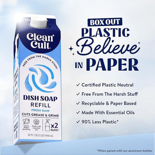 Cleancult Dish Soap Liquid Refill (32oz, 3 Pack) - Plant Based Cleaning Power - Dish Soap that Cuts Grease & Grime - Free of Harsh Chemicals - Uses 90% Less Plastic - Fresh Rain