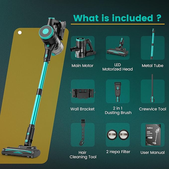 Zefiro Cordless Vacuum Cleaner,45Mins Runtime Stick Vacuum, Anti-Tangle and 1.5L Dust Cup, Lightweight Vacuum for Hardwood Floor Carpet Pet Hair (grenn&Black)