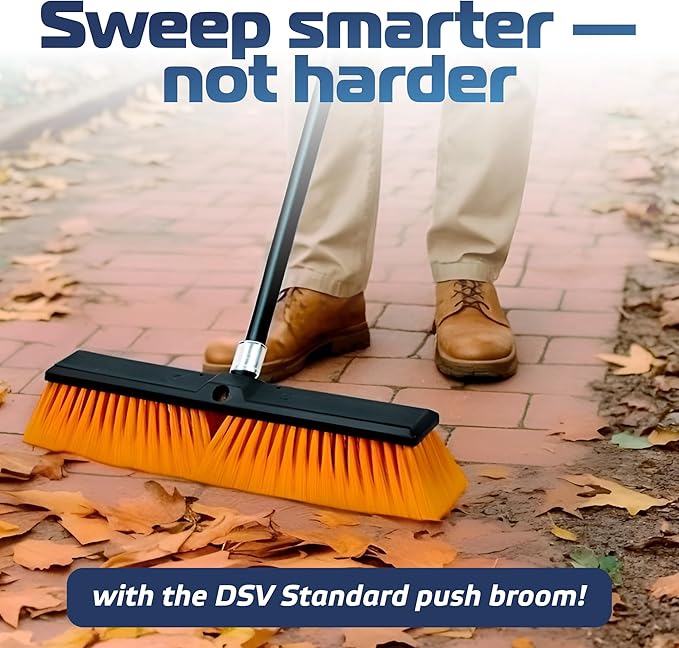 DSV Standard 18’’ Push Broom Outdoor Heavy Duty with 59.4’’ Long Handle, Industrial Broom with Stiff Bristles, Floor Broom for Cleaning Patio Garage Shop Deck Concrete Wood Stone Tile Floor