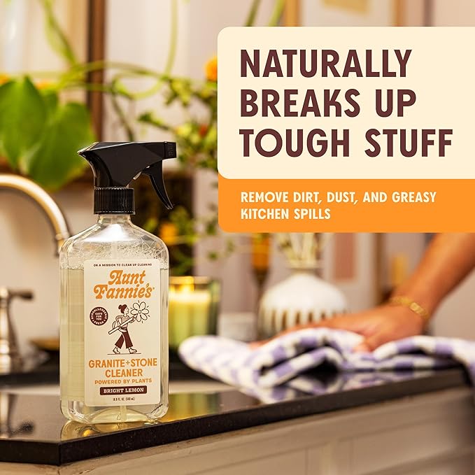 Aunt Fannie's Granite and Stone Cleaner, Plant Based Daily Countertop Spray for Marble, Soapstone, Quartz, Slate, Laminate, and other Sealed Stone, Bright Lemon Scent, Pack of 6