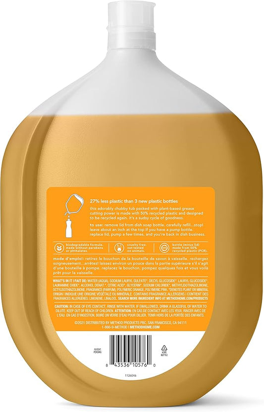 Method Gel Dish Soap Refill, Clementine Scent, Powerful Cleaning Formula, Large Refill Tub, Cuts Through Grease, 54 Fl Oz (Pack of 4)
