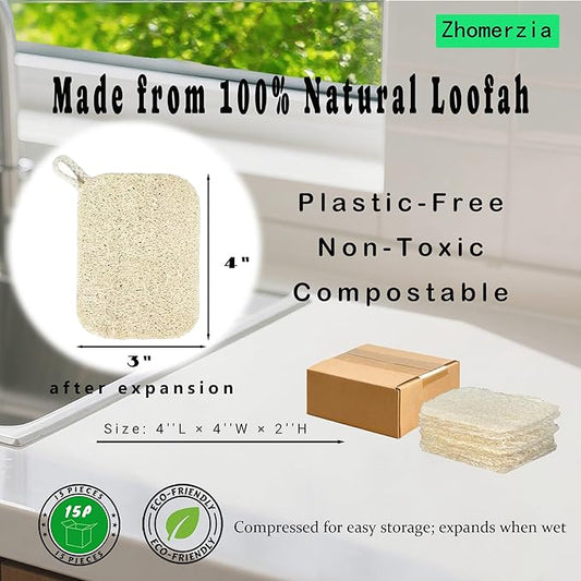 Natural Loofah Dish Sponge - 100% Biodegradable Kitchen Scrubber, Eco-Friendly Loofah Sponges for Dishes, Compostable Plant-Based Cleaning Pads, 15-Pack