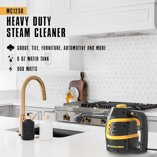 McCulloch MC1230 Handheld Steam Cleaner, 10 Minute Runtime, 11 Accessories: Jet Nozzle, Brushes, & More - Built for Home, Tile, Grout, Carpet, Furniture, & Personal Car Detailing