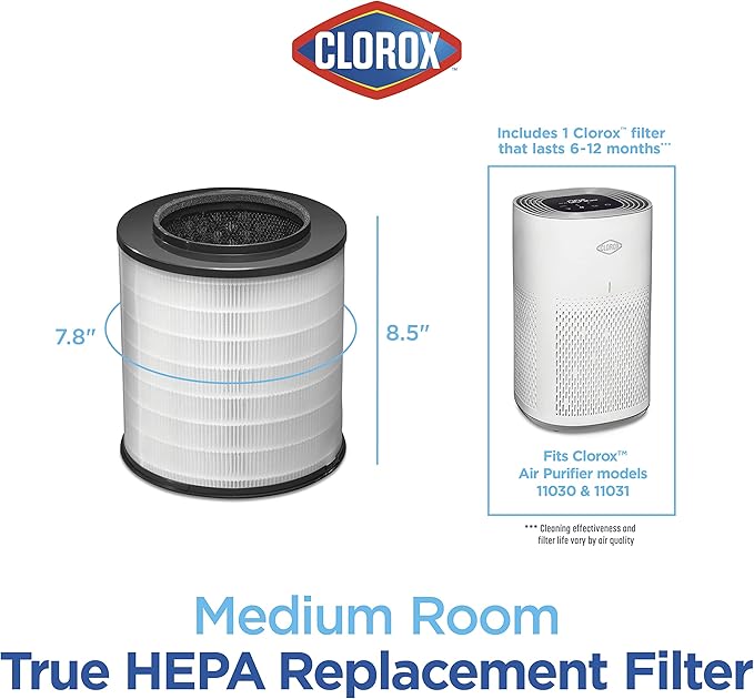 Clorox Medium Room Air Purifier True HEPA Replacement Filter, 1,000 Sq. Ft. Capacity, Removes 99.97% of Allergens up to 0.1 Micron, Compatible with 11030 & 11031, 1 Count (12030)