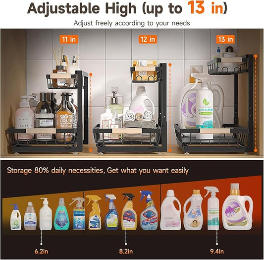2 Packs Under Sink Organizer, Height Adjustable 2 Tier Under Kitchen Sink Organizer, Multi-Purpose Storage Shelf for Kitchen Bathroom Cabinet (Black)
