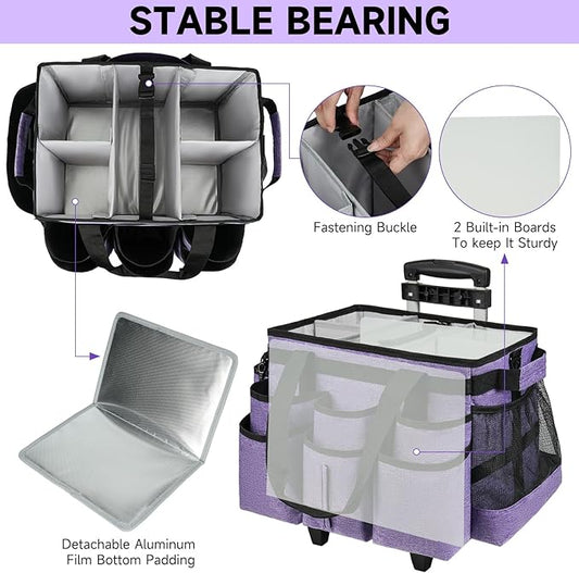 Large Rolling Cleaning Caddy Bag with Detachable Trolley,Cleaning Cart on Wheels with Shoulder Strap,Cleaning Supplies Organizer for Housekeepers,Purple