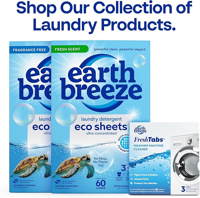 Earth Breeze Fresh Tabs - Washing Machine Cleaner Tablets - Deep Cleaning to Fight Odor-Causing Residue for Front Loader, Top Load, HE Washers - for Fresher, Cleaner Laundry - 6 Month Supply