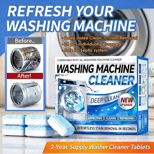 Washing Machine Cleaner Tablets (24 Pack) – Deep Cleaning & Descaling Tablets for HE, Front Load & Top Load Washer, Removes Odor, Residue & Hard Water Buildup (2-Year Supply)