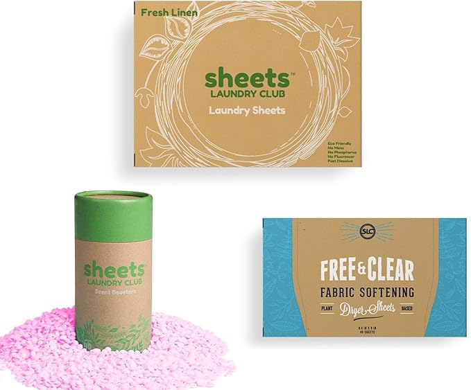 Sheets Laundry Club Bundle - 50 Pack (up to 100 loads) Fresh Linen Detergent Sheets, 40 Pack Lavender Dryer Sheets & 8 Oz. Lavender Scent Booster - New Liquidless Technology