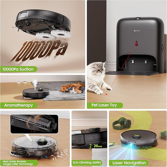 Robot Vacuum and Mop, Pet Hair Tangle-Free Cutter Technology, Max 10,000Pa Suction, Laser Navigation, Pet Laser, 75-Days Capacity, Carpet Lift Detection, APP & Voice Control, Robotic Vacuums Cleaner