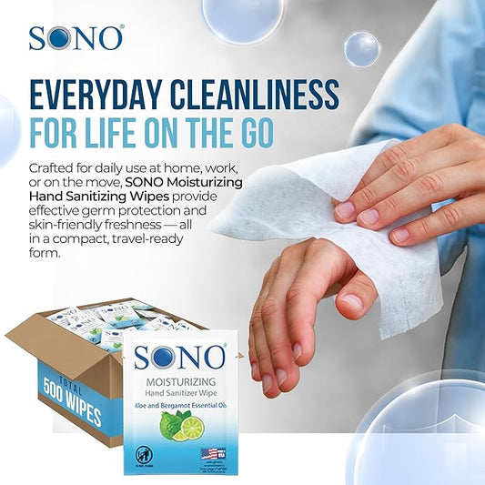 SONO Bergamot & Aloe Moisturizing Hand Sanitizer Wipes - TSA-Approved Travel Size Individual Packs for On-the-Go Hygiene & Cleansing - Alcohol-Free Antibacterial for Hands & Surfaces