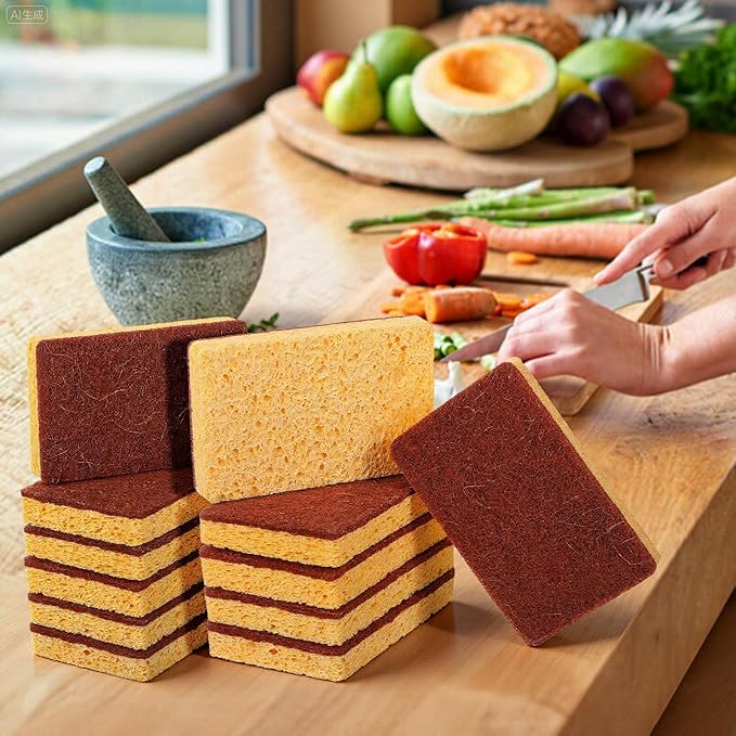 48 Pack Natural Plant Based Scrub Sponge, Palm Fiber Scrubbing Sponge with Non Scratch Compostable Sponges,Long Lasting No Smell Dishwashing Kitchen Scrubber