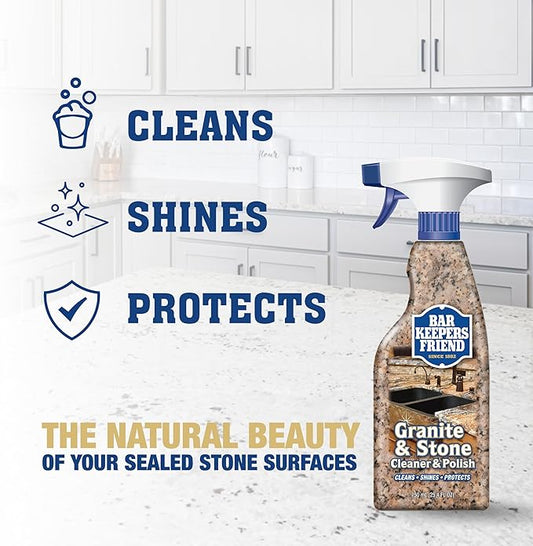 Bar Keepers Friend Stone & Granite Cleaner and Polish (25.4 oz) Plus 1 Microfiber Cloth, 2pc Cleaning Kit, Multi Surface Cleaner for Use on Natural, Manufactured & Polished Stone Countertops
