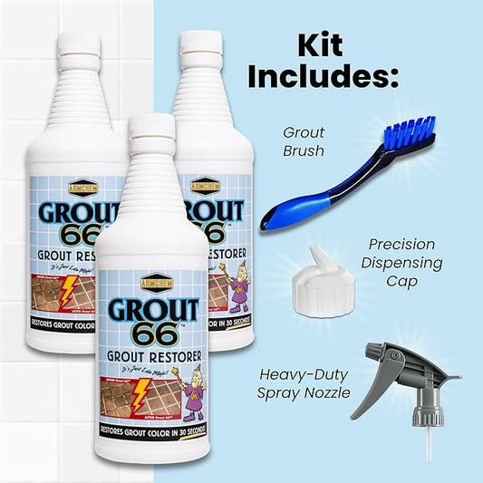 Grout66: Grout and Tile Cleaner with Low-Odor, Non-Fuming Formula Ideal for Heavy-Duty Cleaning, Quick Touch-Ups, and Tile Maintenance. This Three Quarts Kit ensures Effortless Cleaning.
