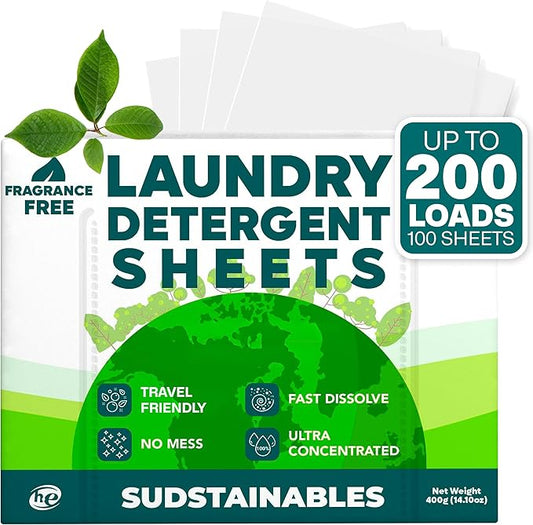 Sudstainables Laundry Detergent Sheets 200 Loads – Dissolvable Laundry Sheet for Washing Machines, Compact Alternative to Liquid & Powder Detergent, Travel-Friendly Soap | Fragrance Free