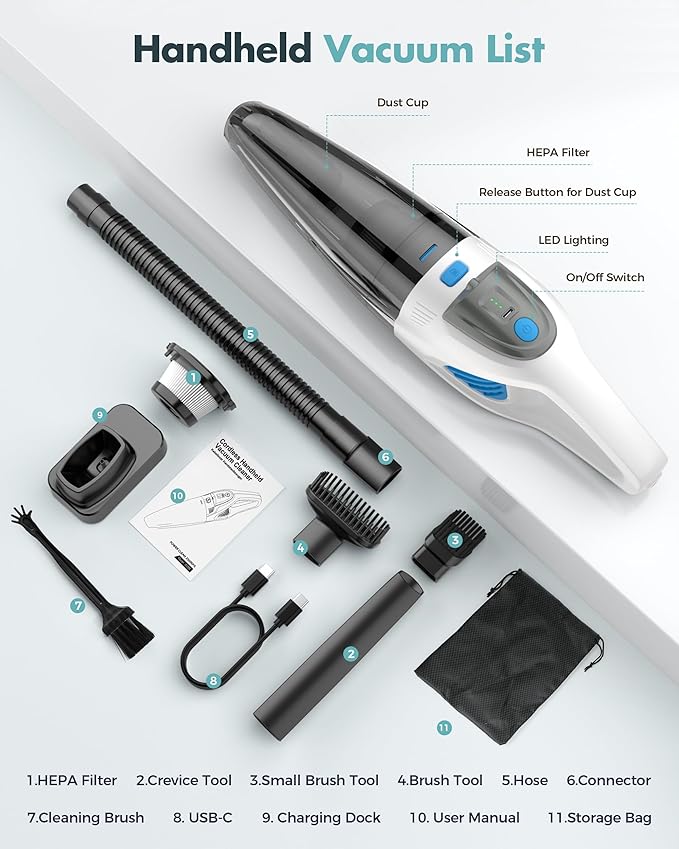 Handheld Vacuum Cordless 25000PA Powerful Suction, Portable Car Vacuum, 3 in 1 Hand Held Vacuum Rechargeable 8000mAh with LED Light, HEPA Filter, Home, Car Seats, Office, Pet Hair Blue+White