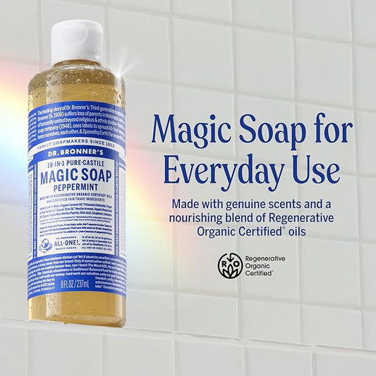 Dr. Bronner's Pure-Castile Magic Liquid Soap (Peppermint, 8 Ounce)- Made with Organic Oils, 18-in1 Uses: Face, Hair, Hand & Body Soap, Laundry, Pets- Concentrated, Vegan, Non-GMO
