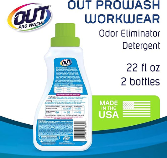 OUT ProWash Workwear Stain Remover Laundry Detergent and Odor Eliminator, Great for Work Clothes, Uniforms, Active Wear, and More, Made in the USA, 22 Ounce Bottle, 2-Pack