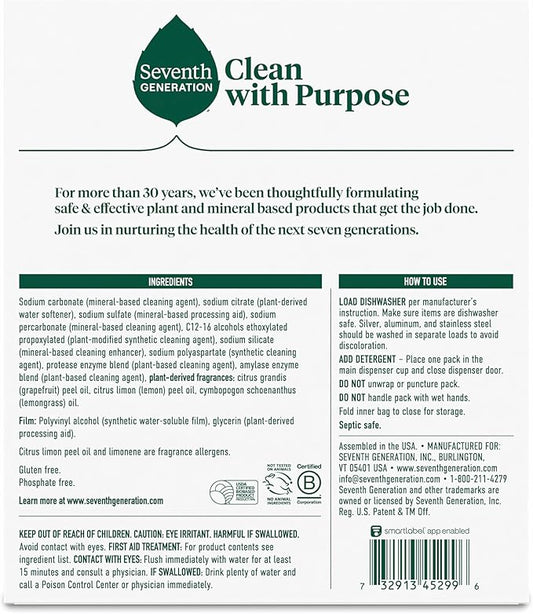 Seventh Generation Dishwasher Detergent Packs Lemon scent 2 Pack for sparkling dishes Dishwasher tabs 45 count