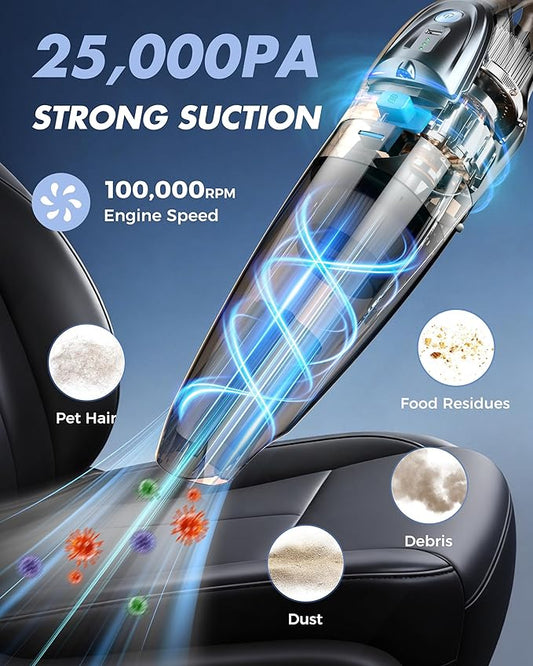 Handheld Vacuum Cordless 25000PA Powerful Suction, Portable Car Vacuum, 3 in 1 Hand Held Vacuum Rechargeable 8000mAh with LED Light, HEPA Filter, Home, Car Seats, Office, Pet Hair Blue+Black