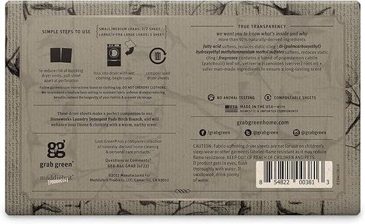 Grab Green Stoneworks Cruelty-Free Dryer Sheets | Softens Fabrics, Freshens Clothing & Reduces Static-Cling and Wrinkles | Plant Based | Birch Branch Scent (80 Sheets)