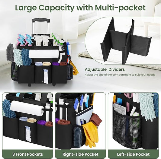 Large Rolling Cleaning Caddy with Detachable Trolley, Cleaning Supply Organizer Bag with Wheels & Multi-Pockets, Water-Resistant Cleaning Cart on Wheels for Housekeeping, Cleaner