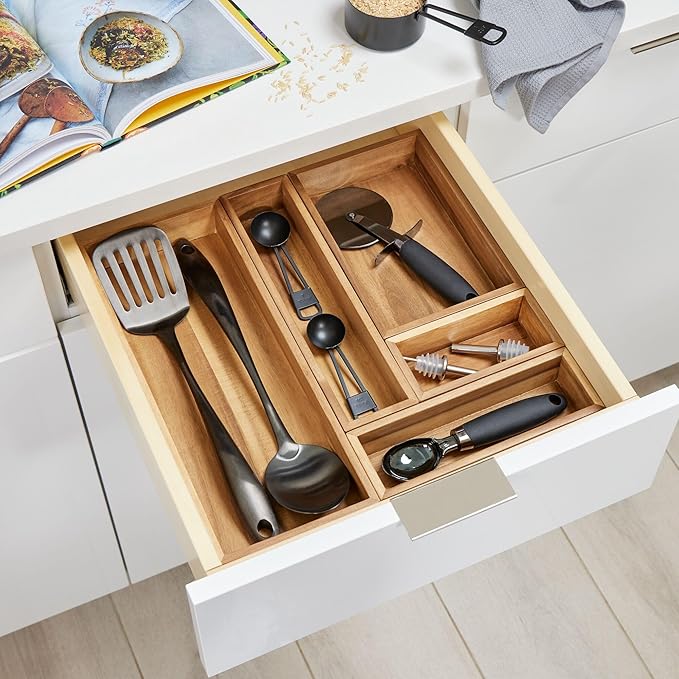 iDesign Acacia Wood Kitchen and Pantry Drawer Organizer Bin– Natural