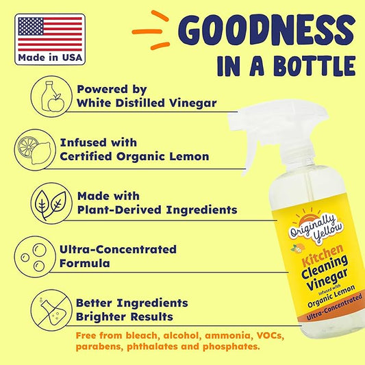 Originally Yellow Plant-Based Kitchen Cleaner | Powered by Natural Vinegar & Infused with Organic Lemon | Multipurpose Kitchen Counter Cleaner Works on Tile, Wood, Granite, & Marble, 16 Fl Oz (3-Pack)