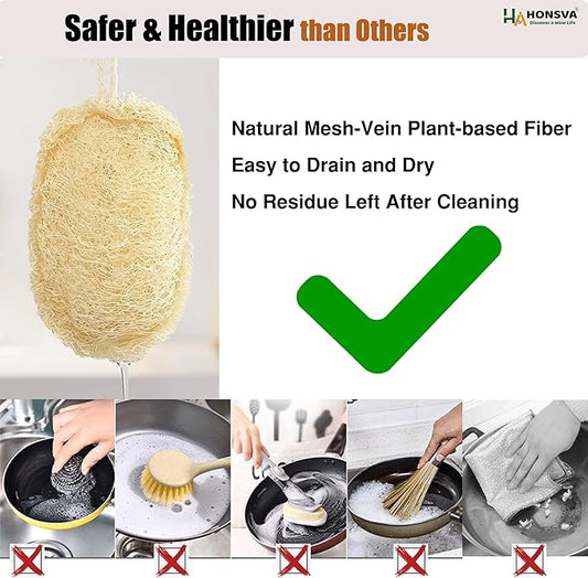 Loofah Natural Kitchen Sponge (5 Pcs), No Scratch Scrubber for Dish Cleaning, 100% Plant Based Vegetable Scrubber, Zero Waste and Eco Friendly Sponge for Kitchen (3 Pcs Oval+2 Pcs Rectangular)