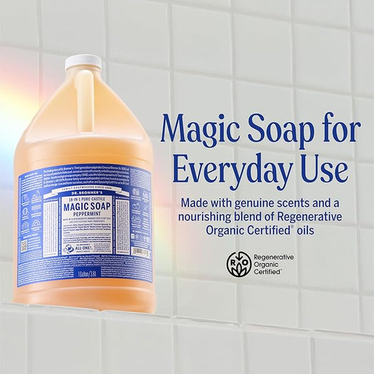 Dr. Bronner's Pure-Castile Magic Soap Liquid (Peppermint, 1 Gallon) – Made with Regenerative Organic Certified Oils - For Face, Hair, Laundry, Dishes- Hand Soaps & Body Wash