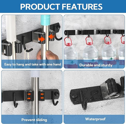 3 Pack Black Mop and Broom Holder Wall Mount Self Adhesive 3 Racks with 4 Hooks Broom Organizer Wall Mount Stainless Steel Broom Hanger for Home Kitchen Garden Laundry Garage Organization Storage