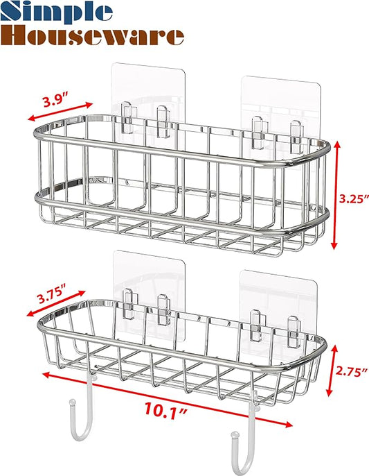 Simple Houseware Bathroom Adhesive Wall Mount Standard Shower Caddy w/Hooks, Chrome, 2 Pack