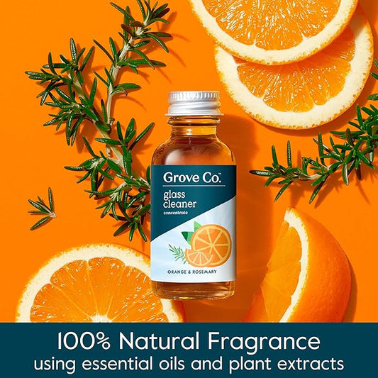 Grove Co. Glass Cleaner, Refill Concentrate (2 x 1 Fl Oz) + 1 x Reusable Glass Spray Bottle (16 Oz) Plant-Based Cleaning Supplies Bundle, No Plastic Waste, 100% Natural Orange & Rosemary Fragrance