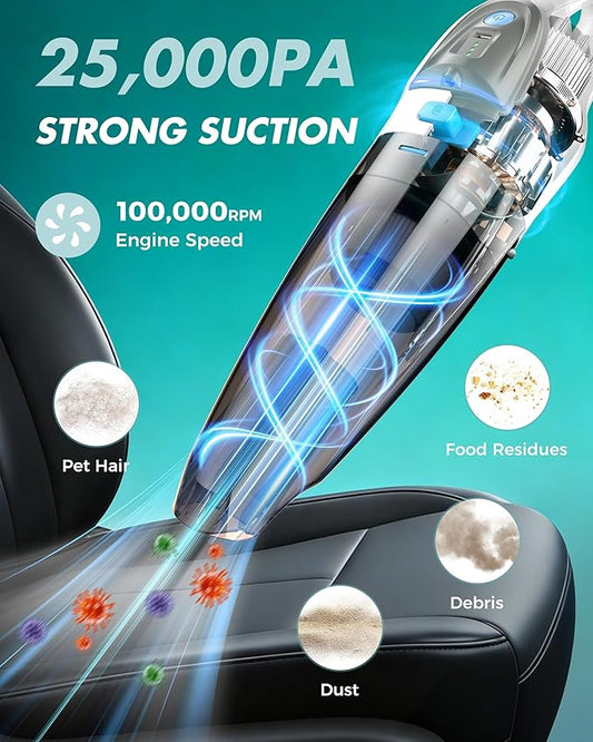 Handheld Vacuum Cordless 25000PA Powerful Suction, Portable Car Vacuum, 3 in 1 Hand Held Vacuum Rechargeable 8000mAh with LED Light, HEPA Filter, Home, Car Seats, Office, Pet Hair Blue+White