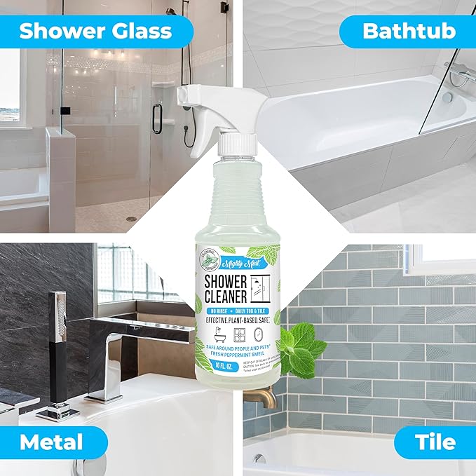 Mighty Mint Shower Cleaner, No-Rinse, No-Scrub, Daily Spray for Glass, Tile, Grout, Fresh Peppermint Scent, 16oz