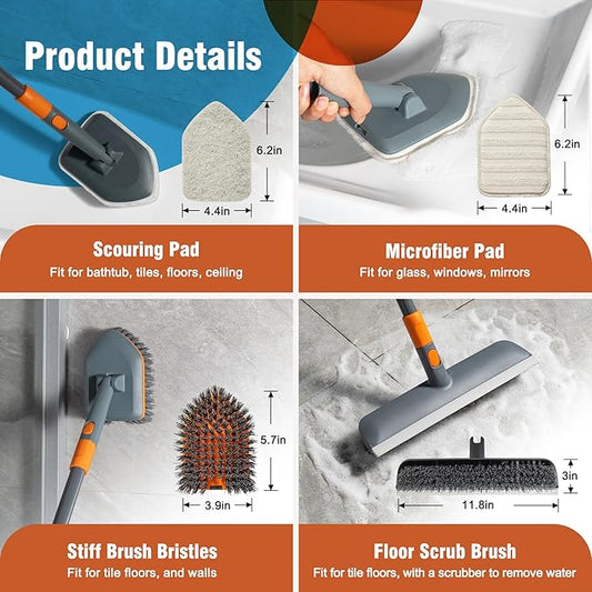 Floor Scrub Brush Tile Tub Scrubber Brush with 4 Different Cleaning Heads, Shower Brush with 56” Extendable Long Handle, Scrubbers for Cleaning Kitchen, Bathroom, Tub, Tile, Wall