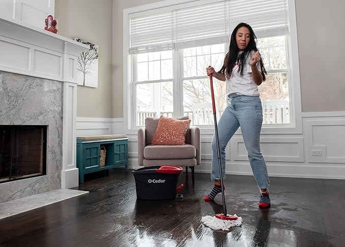 O-Cedar EasyWring Microfiber Spin Mop & Bucket Floor Cleaning System + 2 Extra Refills, Red/Gray
