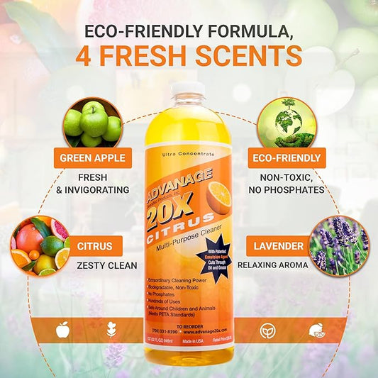 Advanage 20X Household Cleaner Concentrate Refill, 32 oz | Citrus All Purpose Cleaner | Multi Surface Dilute for Floors, Carpets, Glass, Counters, Appliances, and General Home Cleaning, USA Made