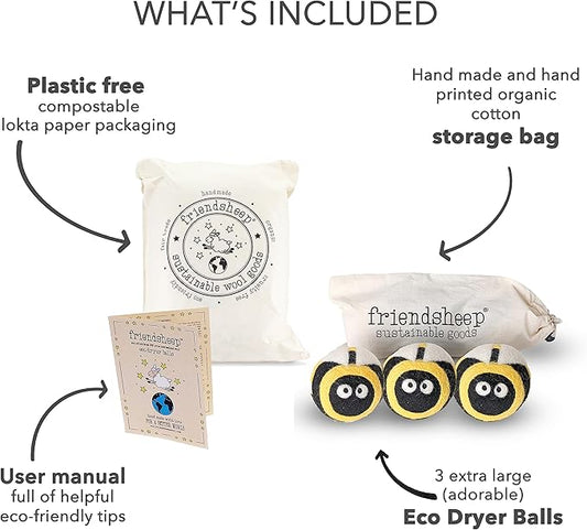 Friendsheep Wool Dryer Balls, Organic Reusable Fabric Softener Alternative for Laundry, Handmade, Fair Trade, Hypoallergenic, Eco-Friendly, Plastic-Free (3 Pack XL – Honey Bee)