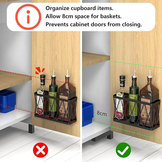 YIGII 3 Pack Adhesive Cabinet Organizer - Wall Mounted Pantry Door Organizer Bin Holder for Tupperware Lid Kitchen Wall Under Sink Basket Slim Space Black Stainless Steel