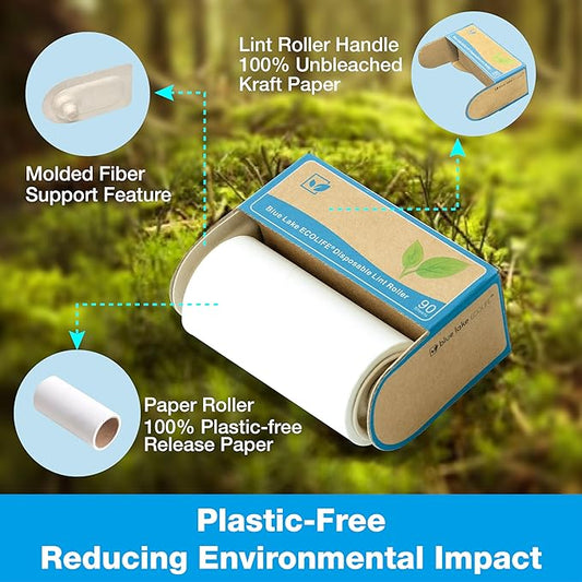 Blue Lake ECOLIFE Plastic-Free Lint Roller – 4-Pack (360 Sheets) | Extra Sticky & Eco-Lint Remover| Ideal for Clothes, Furniture & Carpet(4 Pack-360 Sheets)