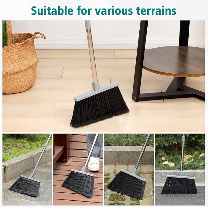 PBHEPJ Broom, Outdoor Broom for Floor Cleaning, 58" Long Stainless Steel Handle, Hard Bristle Angle Broom for Sweeping Indoor, Commercial, Industrial, Garage, Kitchen