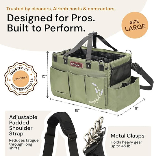 FifthStart Cleaning Caddy Bag for Professionals - Heavy-Duty Organizer with Shoulder Strap, 9 Pockets, Washable Mesh Base & Adjustable Compartments for Cleaning Supplies (Green, Large)