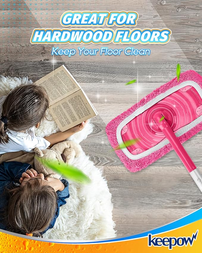 KEEPOW 6 Pack Reusable Mop Pads Compatible with Swiffer Sweeper, Coral Fleece Washable Swiffer Mop Pads, Dry & Wet Sweeping Mopping Cloths (Pink, Not Included Mop)