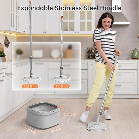 KZKR Spin Square mop and Bucket System with Wringer Set for Home with 10 Mop Pads (Grey,White)