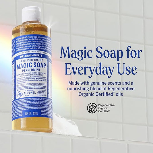 Dr. Bronner's Magic Soap-Pure-Castile Liquid Soap (Peppermint, 16 ounce, 2-Pack)-Regenerative Organic Certified Oils, 18-in-1 Uses: Body, Hair, Laundry, Pets & Dishes, Concentrated, Vegan, Non-GMO