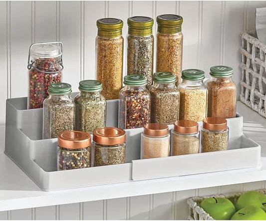 mDesign Plastic Expandable 3-Tier Shelf Rack Organizer - Storage for Bathroom Vanity, Cabinet, Cupboard, Drawer - Holds Medicine, Vitamins, Supplements, Cosmetics - Ligne Collection - Light Gray