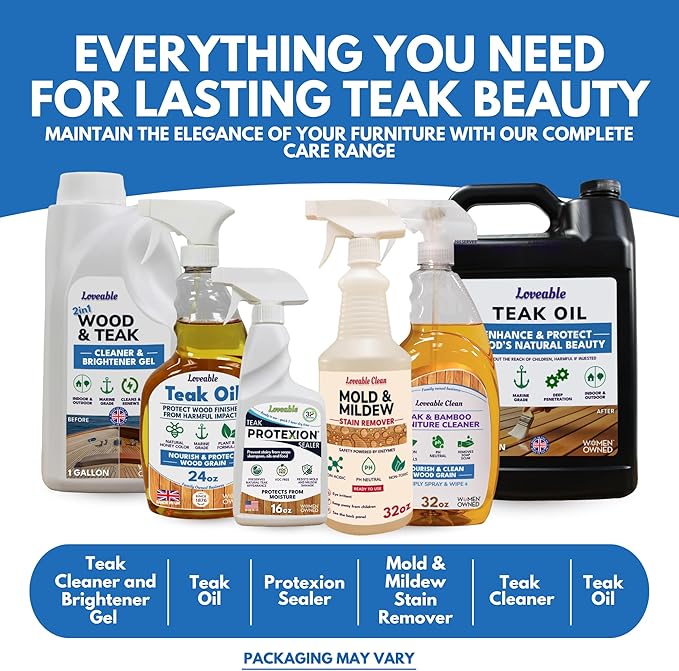 EcoDecors Protective Bundle – Loveable Teak Conditioning Oil, Teak Furniture Cleaner, and Protexion Teak Sealer Spray Bottle