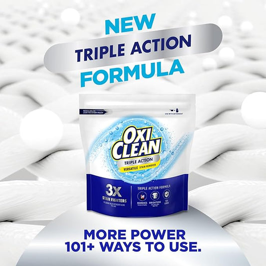 OxiClean Triple Action Versatile Stain Remover Powder, Use with Detergent, Removes Tough Stains like Grease, Blood and Grass, Brightens Colors and Whites, Chlorine Free, 6.5 lbs